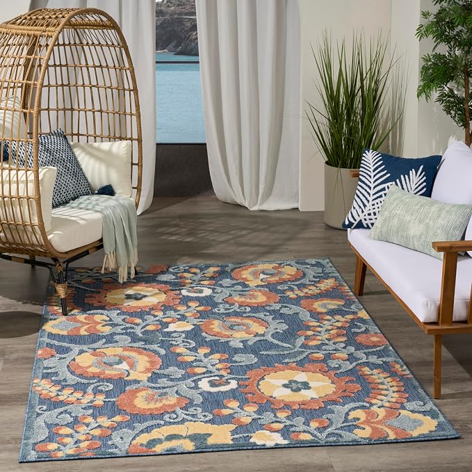 Nourison Home Aloha Blue Rose 3'6" x 5'6" Area Rug - Easy Clean, Non Shedding, Bed Room, Living Room, Dining Room, Kitchen (4' x 6')