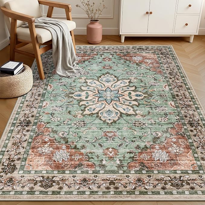 3x5 Area Rugs Living Room: Washable Rug for Bedroom Brown Green | Boho No Slip Stain Resistant Rug Soft Indoor Decor Floor Floral 3x5 Area Rugs for Dining Room, Nursery, Hallway, Home Office