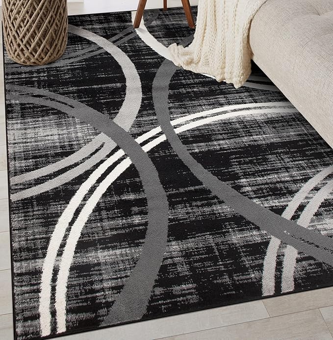 Rugshop Wavy Circles Modern Fade-Resistant Area Rug Black 3'3" x 5' | Rectangular, Size 3'3" x 5', Living Room, Bedroom, Dining Room, Home Office, Kitchen, Entryway, Hallway, Nursery, Kids Room