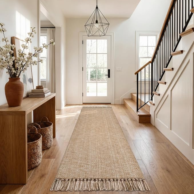 Long Hallway Runner Rug 2.6' x 8', Washable Runner Indoor Entryway Rug, Tan Braided Woven Kitchen Runner Rugs Low-Profile Front Door Floor Carpet for Laundry Room Bedroom Doorway | Tan/Cream Braided Woven Kitchen Runner Rugs, Low-Profile Front Door Flo...