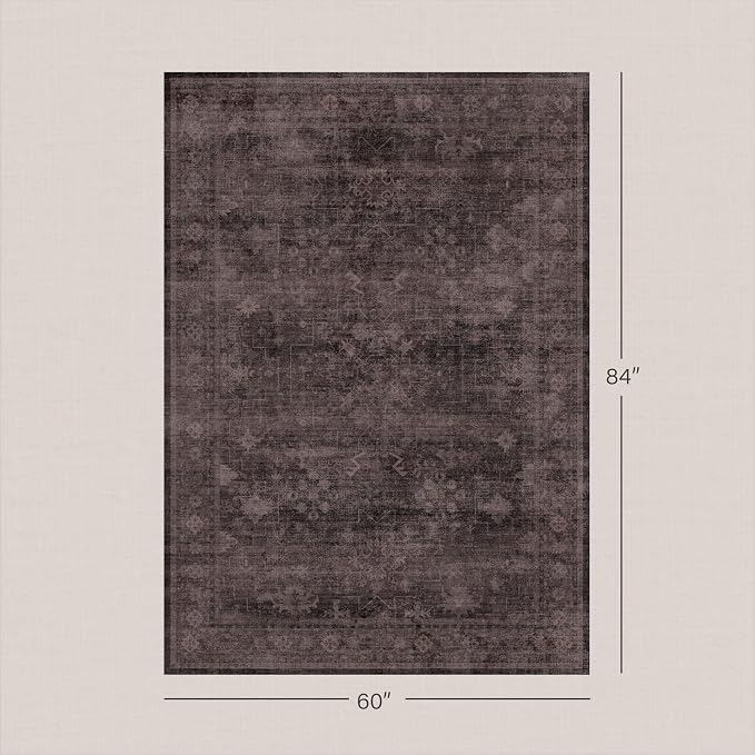 Boho 5x7 Dark Taupe Brown Rugs for Living Room, Vintage Neutral Washable Distressed Geometric Area Rug for Dining Room Bedroom, Stain Resistant Low Pile Anti-Slip Backing Ultra Soft