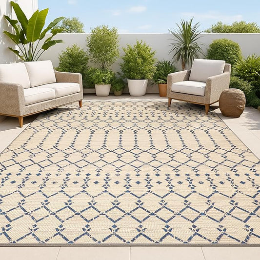 JONATHAN Y Moroccan Geometric Indoor Outdoor Area Rug 3X5 Beige/Navy, Ourika Textured Weave for Backyard, Patio, Porch, Easy-Cleaning, High Traffic, Pet-Friendly, Non-Shedding (SMB108H-3)
