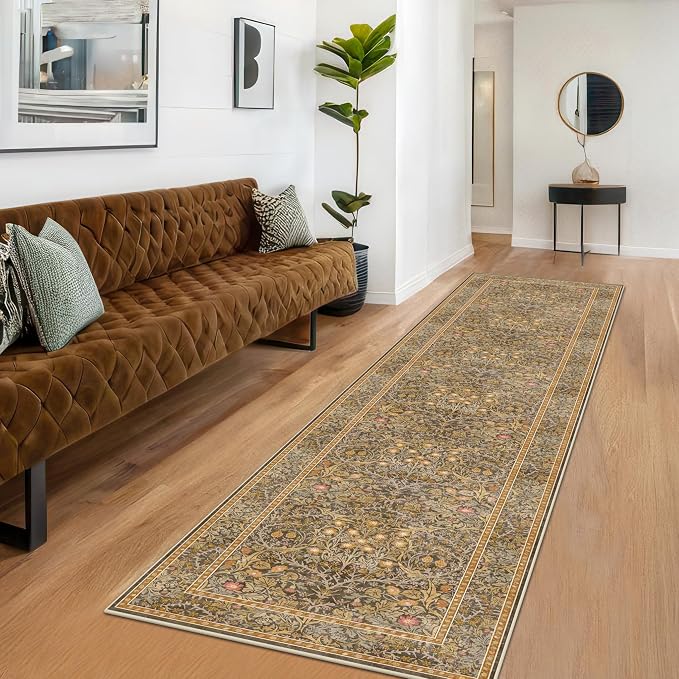 Non Slip 2x10 Gold Brown Hallway Runner - 10ft Long Runner Rugs, Washable Kitchen Floor Mat - Vintage Floral Design Décor