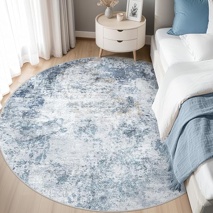 DMOYEST 6ft Round Area Rug for Living Room Washable Non Slip Circle Rug | 6x6 Neutral Modern Abstract Low Pile Rugs Kid & Pet Friendly Soft Carpet for Bedroom and Dining Room - Blue