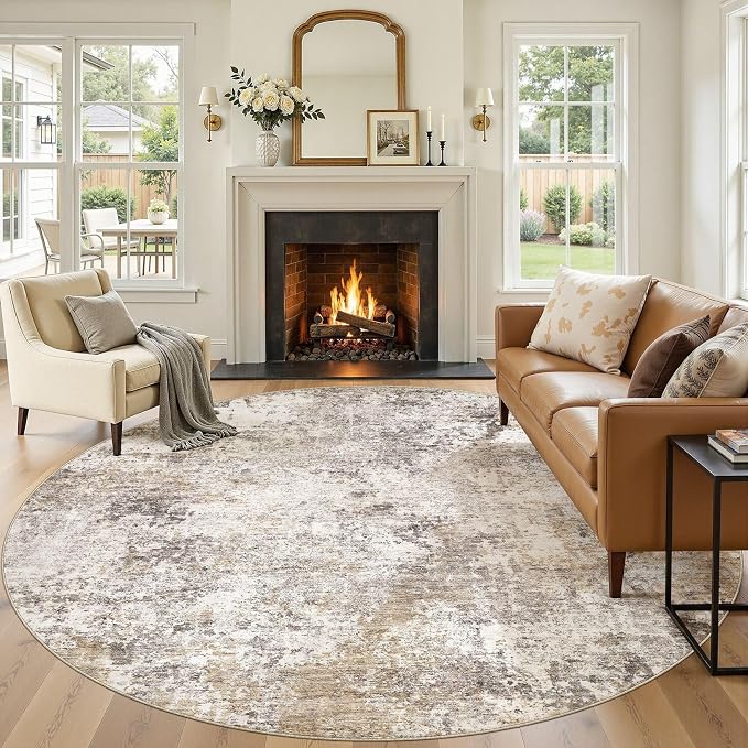 Nakagishi 8X8 Abstract Washable Area Rugs for Living Room-Golden Brown | Modern Non-Slip Silicone Backing Low Pile Soft Carpet for Bedroom Dining Decor for Families with Kids and Pets