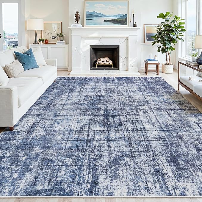 9x12 Washable Area Rug for Living Room Bedroom: Non-Slip Modern Navy Blue | Machine Washable TPR Backing, Stain-Resistant Low Pile, Pet & Kid Friendly, Abstract Decor for Dining Room, Dorm, Home Office