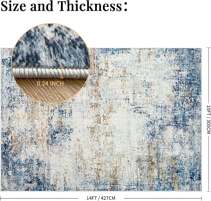 Washable 10x14 Area Rug: Blue Rugs for Living Room Dining Room Bedroom Office Indoor - Non-Slip Modern Large Carpet Home Decor - 10x14 Mottled Blue