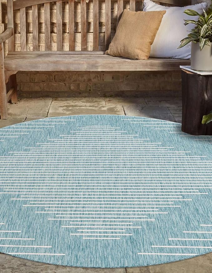 Unique Loom Outdoor Modern Collection Area Rug - Tambor (10' 8" Round, Light Aqua/ Ivory)