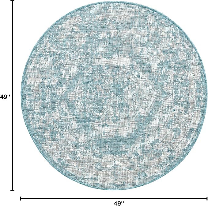 Unique Loom Outdoor Traditional Collection Area Rug - Valeria (4' 1" Round, Aqua/ Ivory)