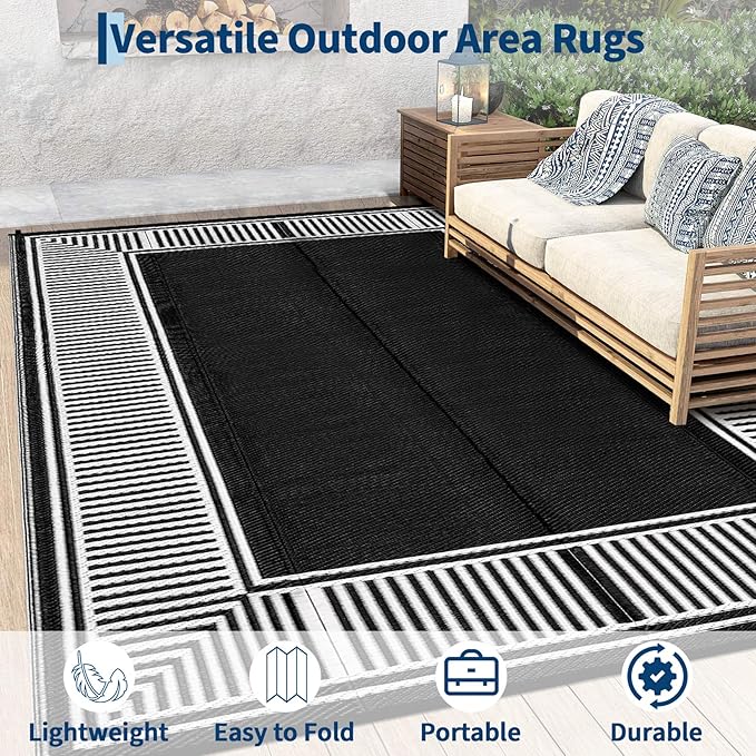 Outdoor Rug 8x10 Waterproof Patio Rugs Modern Striped Reversible Mat for Front Door Rv Border Foldable Plastic Straw Carpet for Travel Trailers, Porch, Camper, Balcony, Beach，Black/White