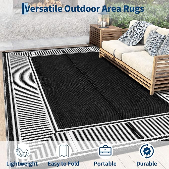 Waterproof Plastic Straw Outdoor Rug 9x18 Patio Reversible UV Resistant Foldable Camping Carpet Modern Striped Large Outdoor Rugs for Deck, Picnic, Porch, Camper, Balcony, Beach，Black/White