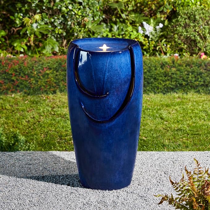 Glitzhome Outdoor Water Fountain with LED Light, Oversized Ceramic Vase Water Fountains Outdoor, Tall Water Feature Backyard Fountain for Garden Patio, Cobalt Blue, 29.3”H