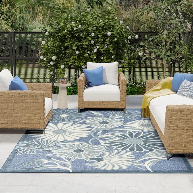 Nourison Home Aloha Blue 7'10" x 10'6" Area Rug - Easy Clean, Non Shedding, Bed Room, Living Room, Dining Room, Kitchen (8' x 11')
