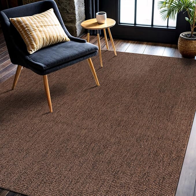 CAMILSON Easy Jute Rug 5x7, Indoor Outdoor Brown Color Fiber Area Rugs for Living Room Patio and Kitchen Rug, Solid Boho Woven Design, Easy-Cleaning, Washable Outside Carpet Alfombras (5 x 7)