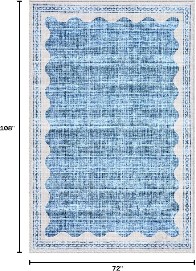 GarveeHome Scalloped Blue Washable Area Rug 6x9 Rugs for Living Room Soft Low-Pile Solid Large Carpet for Bedroom Dining Nursery Non Slip Mat with Rubber