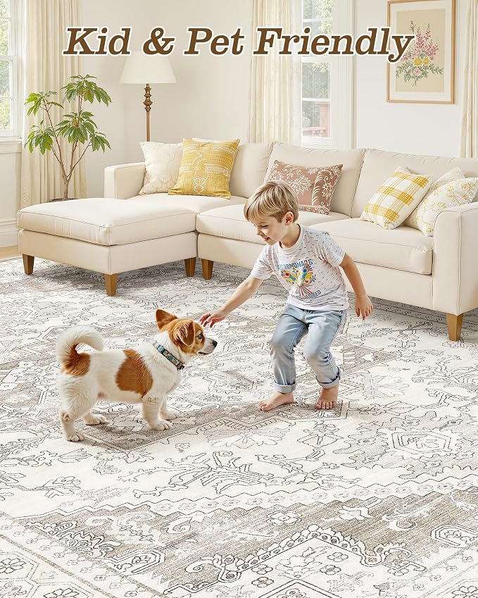 Washable Area Rug-9X12 Vintage Neutral Soft Brown | Non Slip Thin Foldable Large Floor Carpet for Living Room Bedroom Kitchen Dining Room Home Office Farmhouse Indoor
