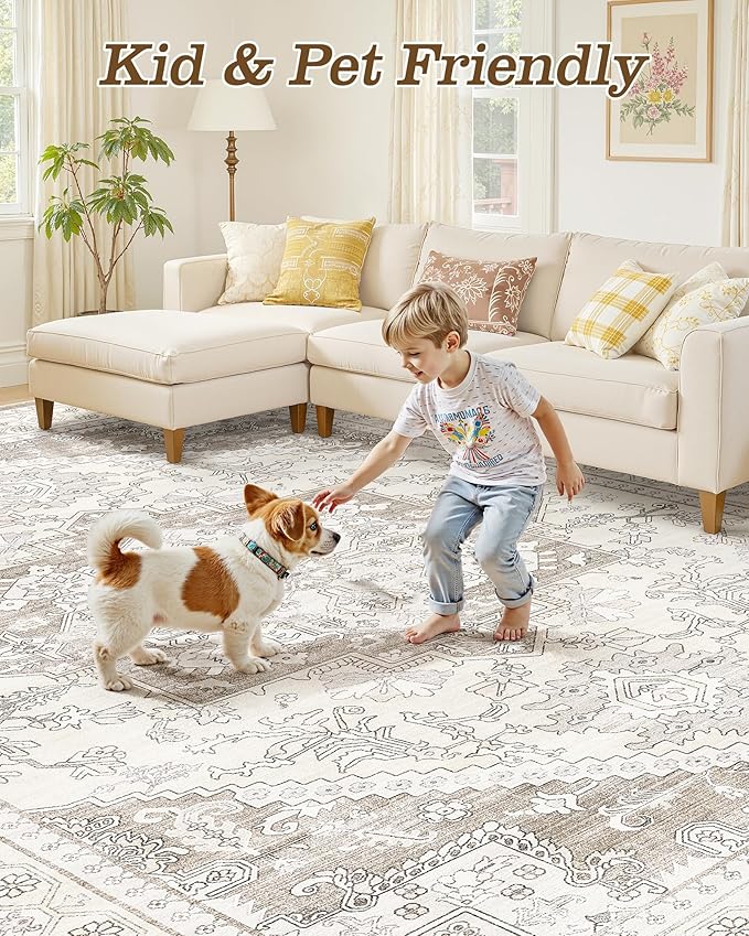 Washable Area Rug-5X7 Vintage Neutral Soft Brown | Non Slip Thin Foldable Large Floor Carpet for Living Room Bedroom Kitchen Dining Room Home Office Farmhouse Indoor