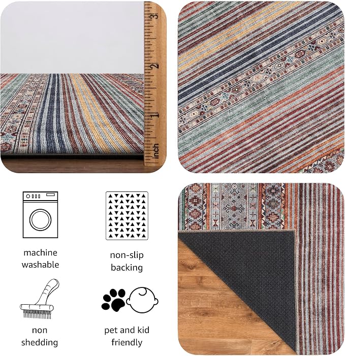 Keen Home Design Vintage Washable Area Rug, Non-Slip Low Pile, 8x10 | Machine Washable Cotton Chenille, 0.25In Low Pile, Rubber Non-Slip Back; Living Room, Bedroom, Dining Room, Office