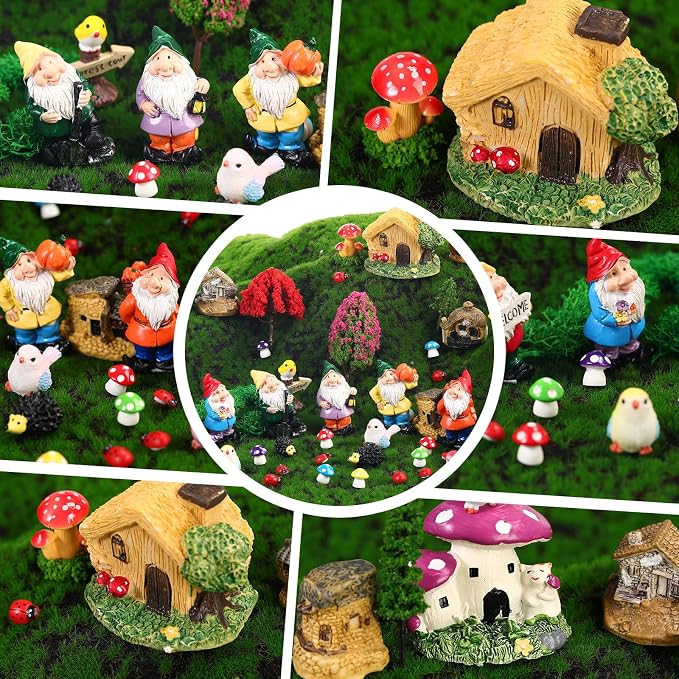 58 Pcs Miniature Garden Set Gnome Mushrooms Animals Fairy House Diorama Supplies Fairy Village Mini Terrarium Figurines Micro Landscape Ornament Mixed Tree for DIY Garden Succulent Dollhouse decor