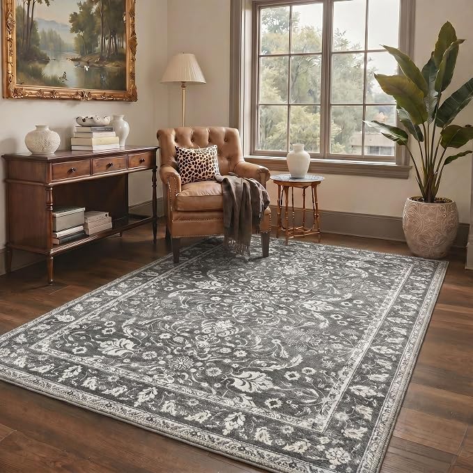 8X10 Living Room Area Rug, Boho Floral Washable Non Slip | Floral Vintage Rug for Bedroom Dining Room, Charcoal Gray Soft Low Pile Faux Wool, Stain Resistant Non-Shedding Pet-Friendly