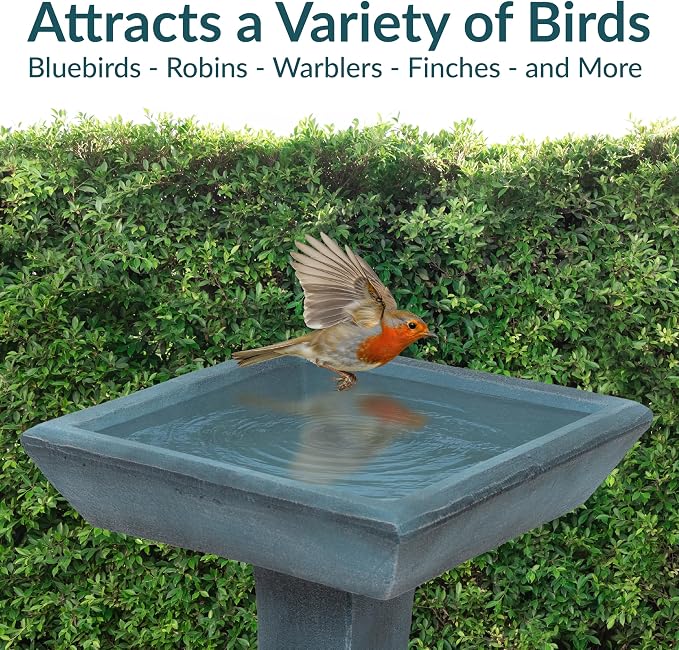 Sunnydaze 23” H Concrete Bird Bath for Outdoors - Simply Square Garden Bird Bath with Glass Fiber Reinforced Concrete Construction - Patina Green