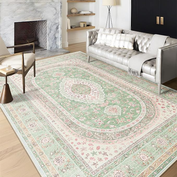 6x9 Area Rugs Washable,Large Green Rug for Living Room Bedroom | Boho Vintage Bohemian Distressed Oriental Carpet Non Slip,Sage Blush Floral