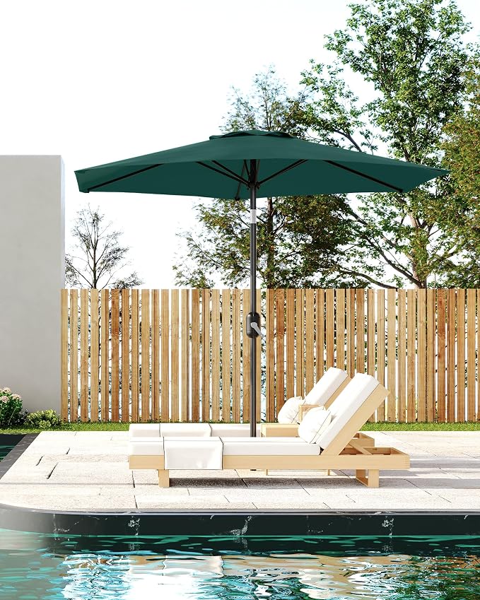 GarveeLife 7.5 ft Outdoor Patio Umbrella, Outdoor Table Umbrella, Market Umbrella with Push Button Tilt and Crank, 6 Sturdy Ribs UV Protection Waterproof for Garden, Deck, Backyard, Pool (Dark Green)