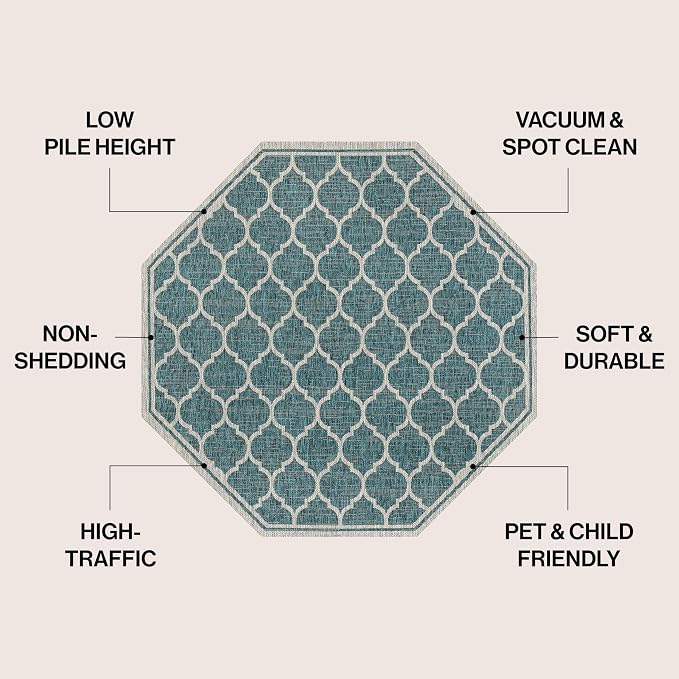 JONATHAN Y Moroccan Trellis Indoor Outdoor Octagon Area Rug 5 Ft Teal/Gray, Trebol Textured Weave for Backyard, Patio, Porch, Easy-Cleaning, High Traffic, Pet-Friendly, Non-Shedding (SMB109E-5TGN)