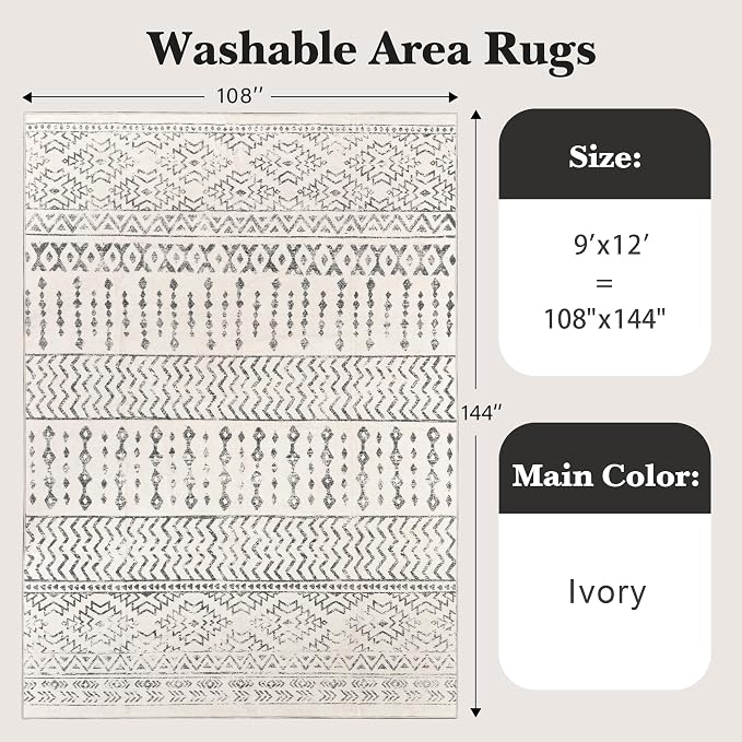 Art&Tuft 9x12 Area Rugs for Living Room, Large Washable Area Rug, Ivory | Low Pile, Soft & Lighweight, Folable, Stain Resistant Indoor Floor Mat Moroccan Carpet for Bedroom, Dining Room, Home Office