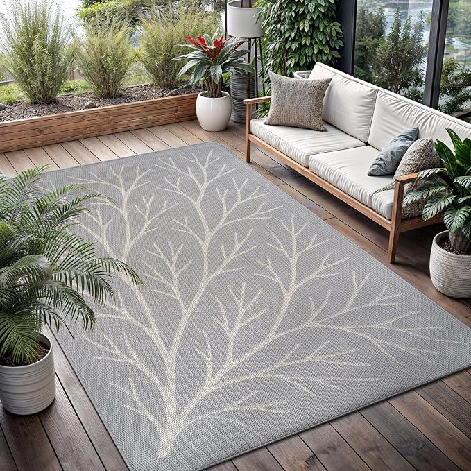 Washable Indoor Outdoor Rug 9x12 Modern Area Rugs Branch Pattern Non Shedding Waterproof Easy Clean Patio Deck Porch Living Room Bedroom Garden RV (9 X 12 Gray)