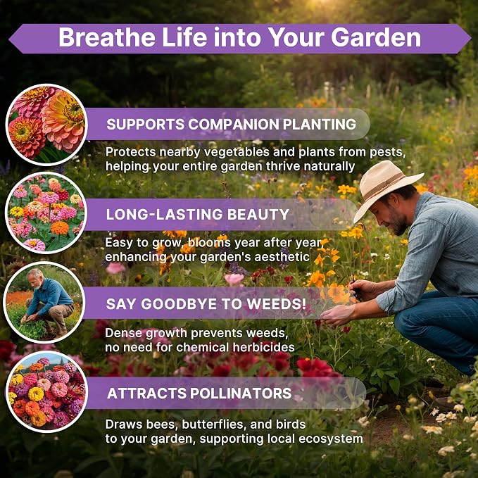 Zinnia Seeds Pack 4 oz - Over 15,300 Non-GMO Heirloom Zinnia Seeds for Planting, Annual Flowers in Individual Seed Packet for Planting Home Garden Indoor & Outdoor Gardening