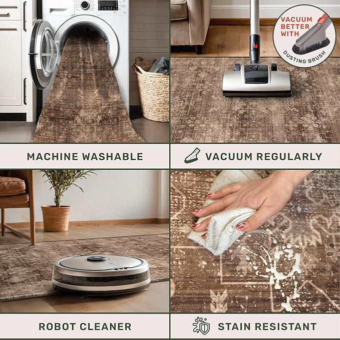 Brown Boho Washable 2x6 Runner Rugs for Hallway Kitchen Bedroom Beside Laundry Room Bathroom Rug, Pet & Kids Friendly, Non Slip Low Pile Stain Resistant Soft Faux Wool Long 24 x 72 Floor Carpet