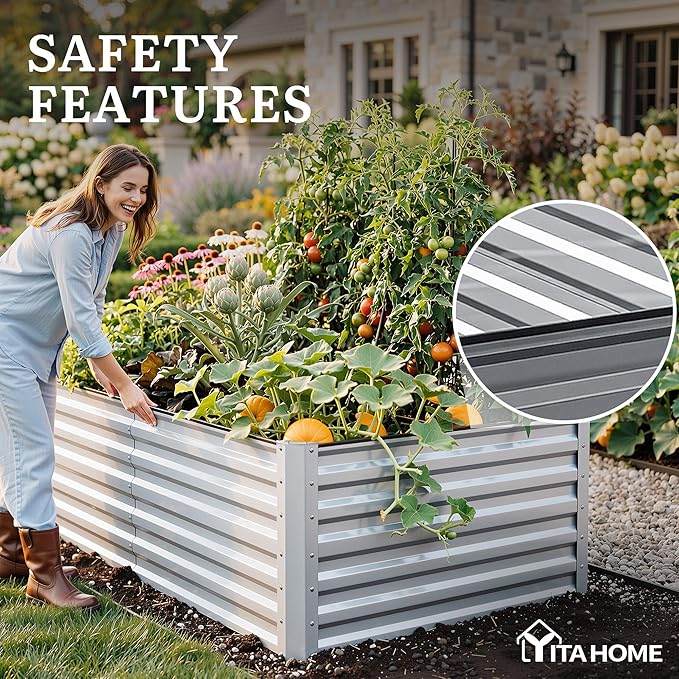 YITAHOME 8x4x2ft 2pcs Large Raised Garden Bed Kit, Galvanized Metal Planter Box with Gloves, Ground Nails & Safety Rubber, Outdoor Above Ground Planters for Plants Vegetables Flowers, Silver Gray