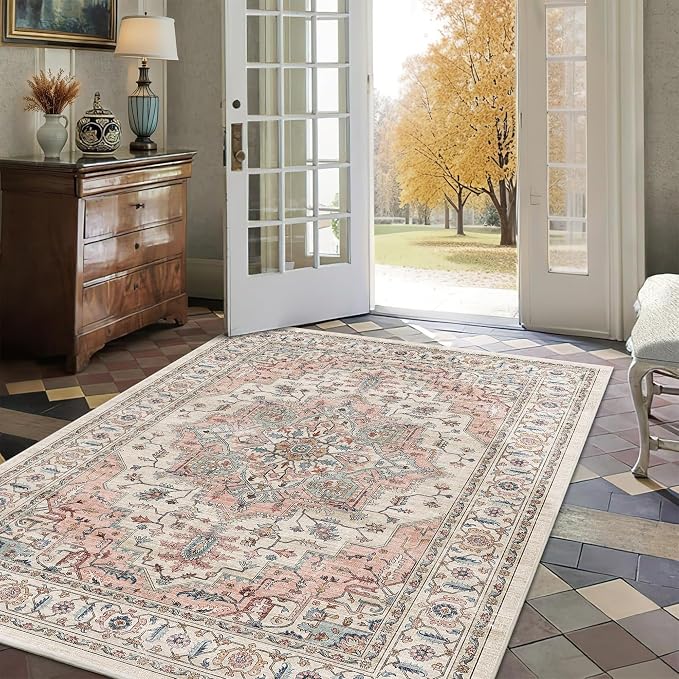 3x5 Vintage Area Rugs for Indoor Entrance Non-Slip Washable Rug | Ultra Soft Low Pile Lightweight Carpet Stain Resistant Rugs Retro Distressed for Living Room Bedroom Playroom Home Office