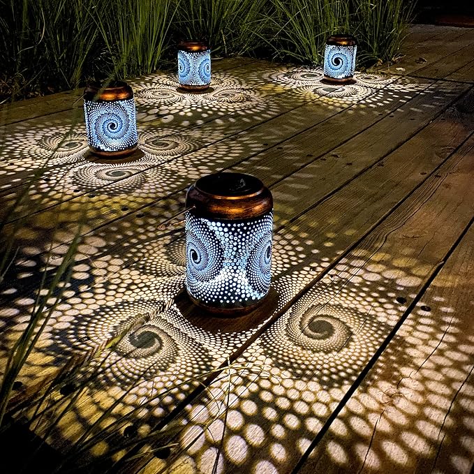 DIBIEECN Birthday Gifts for Women Mom Grandma Wife, Solar Lanterns Outdoor Waterproof, Metal Hanging Lights Garden Decor, LED Decorative Lantern for Patio Porch Backyard, Blue, 4 Pack
