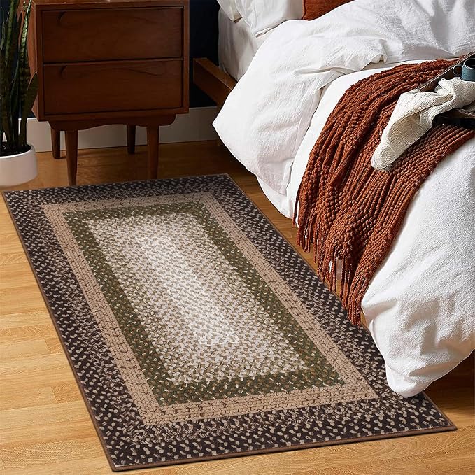 RUGSREAL Entryway Area Rug 2x3 Small Machine Washable Bedroom Rug Non Slip | Bathroom Mat Stain Resistant Kitchen Farmhouse Carpet Modern Rustic Area Rugs for Living Room Dining Room, Moss/Brown