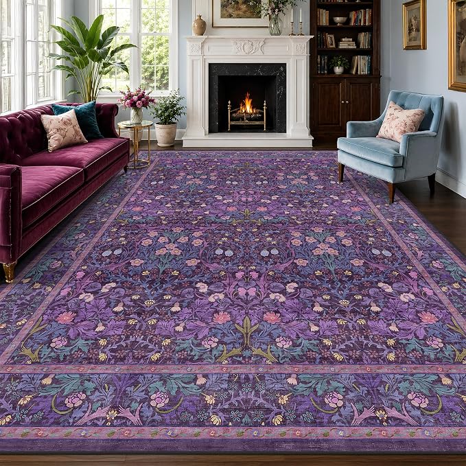 Washable Plum Purple Rug for Bedroom - 9x12 Large Area Rug for Living Room, Dining Room Under the Table, Soft Low Pile Non-Slip Stain Resistant Carpet - Vintage Floral Design