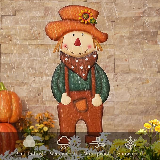 TERESA'S COLLECTIONS Fall Decor for Outdoor Home, Scarecrow for Garden Metal Stakes for Fall Decorations, Autumn Decor for Thanksgiving Decorations, Orange Harvest Yard Signs for Home Lawn Patio, 24"