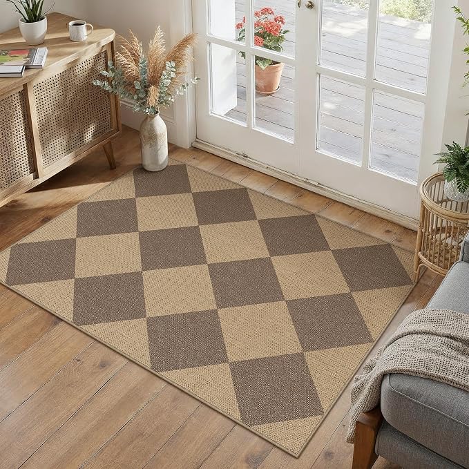 PureCozy 2x3 Checkered Easy Jute Kitchen Front Doormat Non Slip Washable Neutral Area Rug Diamond Non Shedding Low Pile Brown Checkerboard Floor Carpet for Farmhouse Entryway Porch Doorway