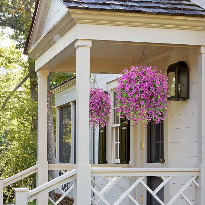 Ammyoo Artificial Fake Hanging Flowers with Basket for Outdoor Spring Decoration, Faux Silk Daisy Flower Real Touch Hanging Plants UV Resistant for Outside Porch Patio Garden Yard Home Decor(Purple)