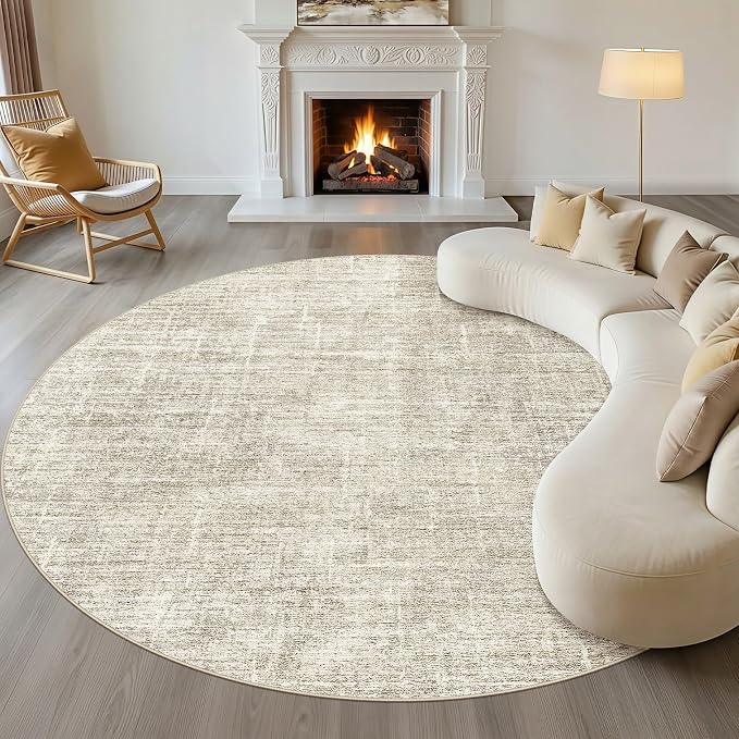 LOONGRUG Round Rug 10x10 Washable Neutral Modern Rug for Living Room Brown | Circle Large Abstract Soft Stain Resistant Indoor Non-Slip Carpet for Bedroom Nursery Kids Office Playroom Dining Room