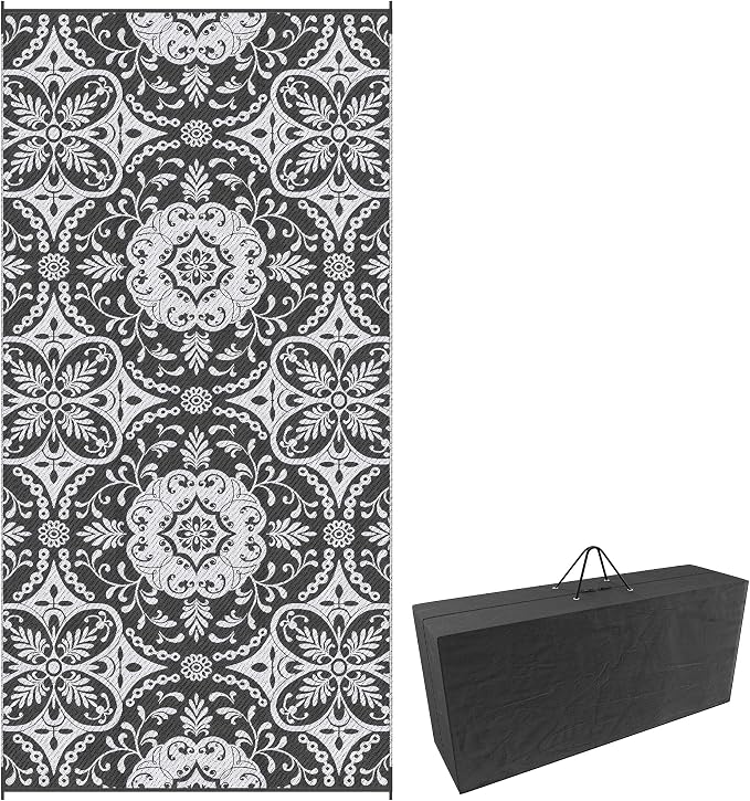 Outsunny Outdoor Rug for Patio, 9' x 18' Waterproof Large Mat, Reversible Plastic Straw Rug for Decor, Portable Outside RV Camping Area Carpet Mat for Backyard Porch Deck Picnic, Gray & White Floral
