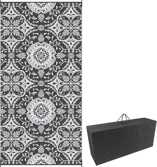 Outsunny Outdoor Rug for Patio, 9' x 18' Waterproof Large Mat, Reversible Plastic Straw Rug for Decor, Portable Outside RV Camping Area Carpet Mat for Backyard Porch Deck Picnic, Gray & White Floral