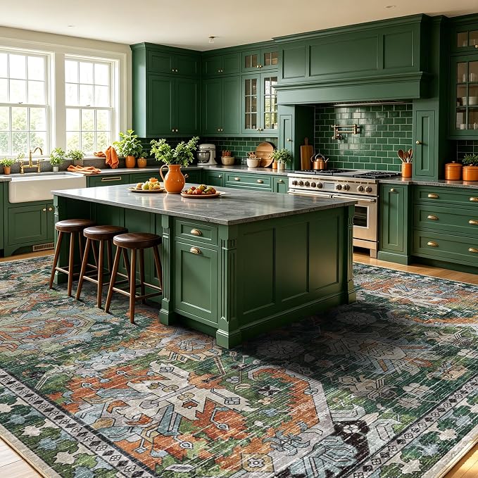 Washable Area Rugs - Perfect for Living Room, Bedroom, Kids Room, Nursery - Stain & Water Resistant Non-Slip, Pet & Child Friendly, Vintage Tribal Area Rugs (Green, 9' x 12')