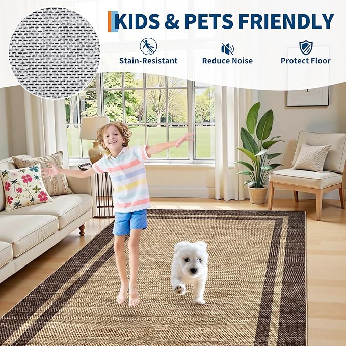 COZYLOOM Bathroom Rug Runner 2x6 Washable Area Rugs for Entryway, Brown | Non Slip Stain Resistant Modern Bordered Non Shedding Low Pile Foldable Soft Mats for Bedroom Hallway Kitchen