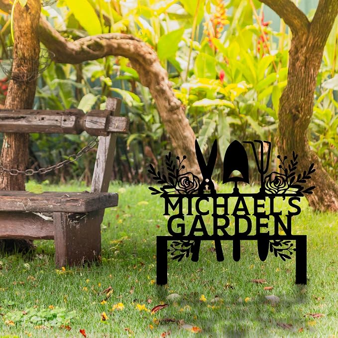 Custom Metal Garden Tools Sign with Stakes, Personalized Garden Name Sign, Yard Art, Patio Decorations, New Home Gift, Garden Decorative, Gardening Tools Sign for Outdoor, Large Housewarming Gift