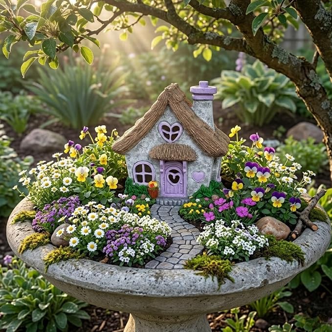 PRETMANNS Fairy House for Outside with Solar Powered LED Lights for Garden - Fairy Garden Houses for Outdoor - Miniature Accessories for Cottage Decor for Village - 7.56” High, Lavender