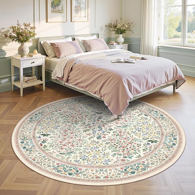 6FT Round Area Rugs, Machine Washable Low Pile Floral Rugs for Living Room, Bedroom, Large Boho Area Rug with Non-Slip Backing for Dining Room(Pink Floral)