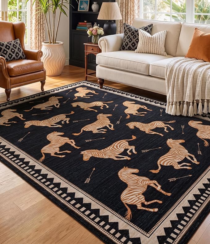 YIHOUSE Black and Gold Zebra Area Rugs 6×9, Washable Animal Print Rug with Geometric Border, Non-Slip Low Pile Mid-Century Modern Carpet for Living Room, Bedroom, Dining Room