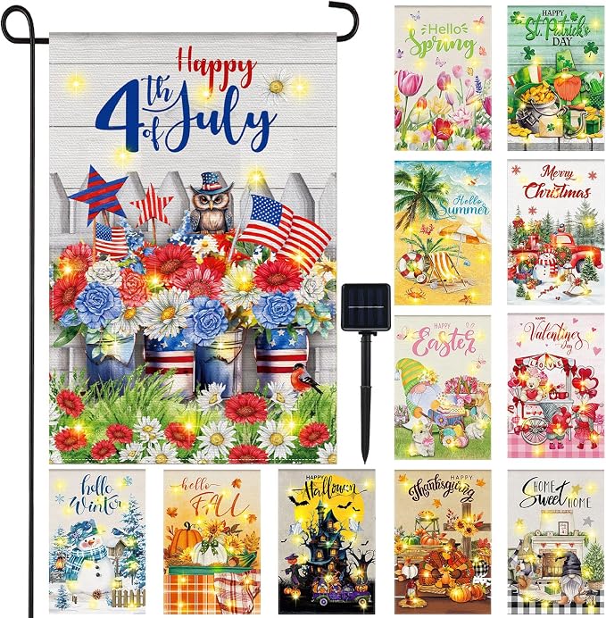 Breling 12 Pcs 4th of July Light up Flag for Outdoors, Patriotic Solar Flags for Outside with American Flag, LED Holiday Decorations Decorations, Double Sided Holiday Decor for Outdoor Patio Lawn